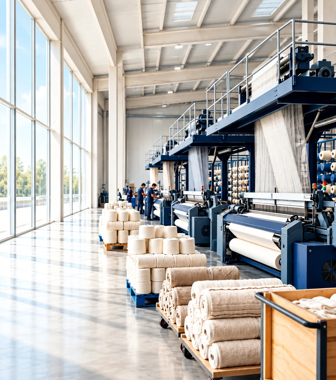 Illustrative textile manufacturing scene with weaving machinery, white yarn packages and rolled fabric.