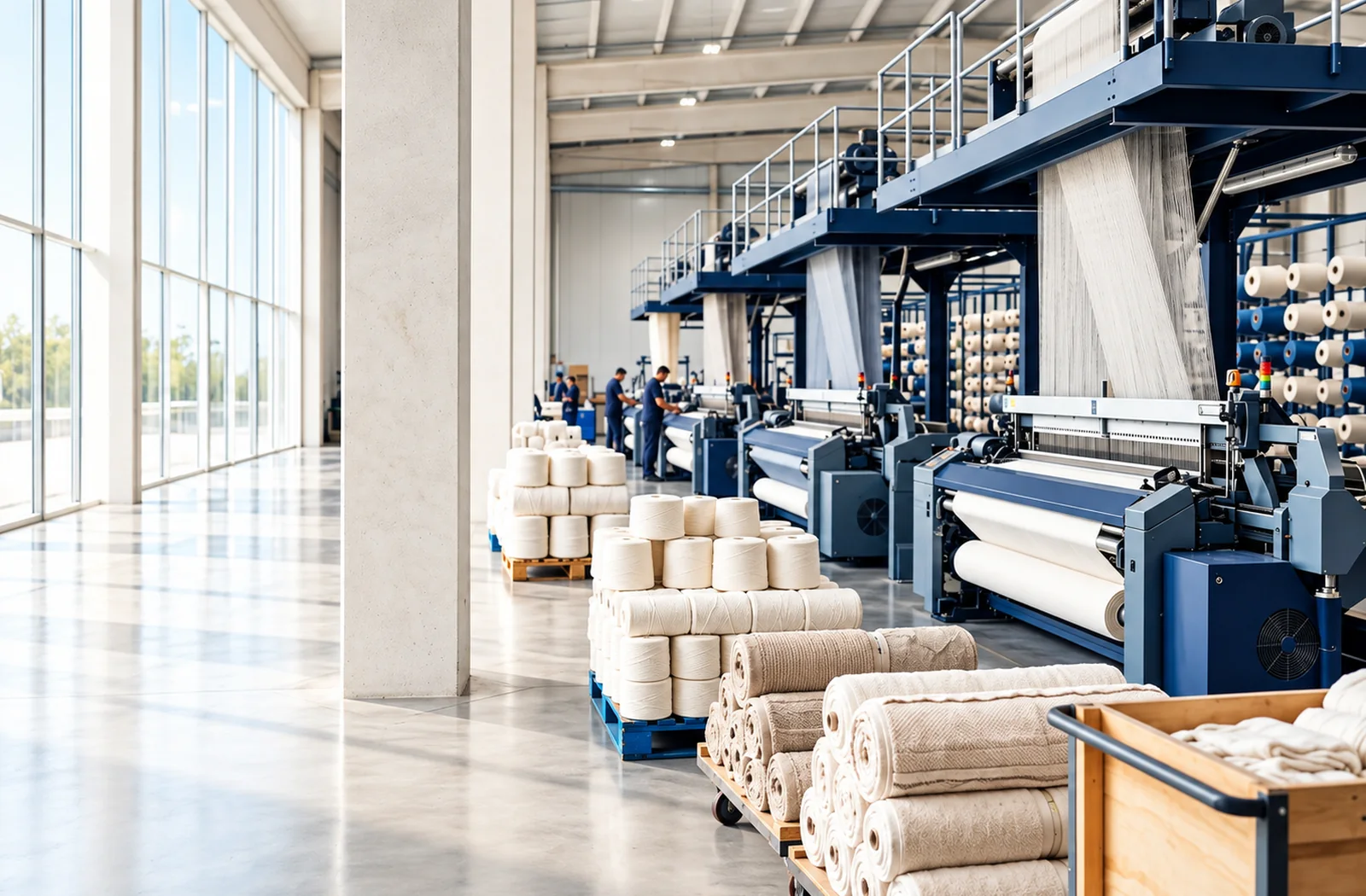 Textile machinery, white yarn packages and rolled fabrics in a bright industrial setting