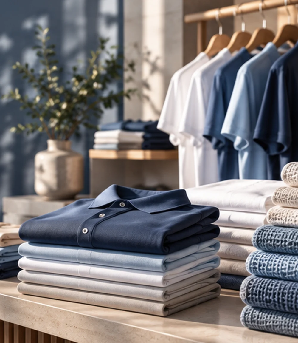 Neatly stacked blue, white and navy collared apparel with garments arranged on a rail