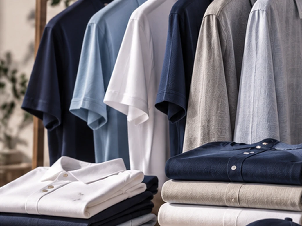 Coordinated neutral and blue shirts on wooden hangers with folded collared garments.