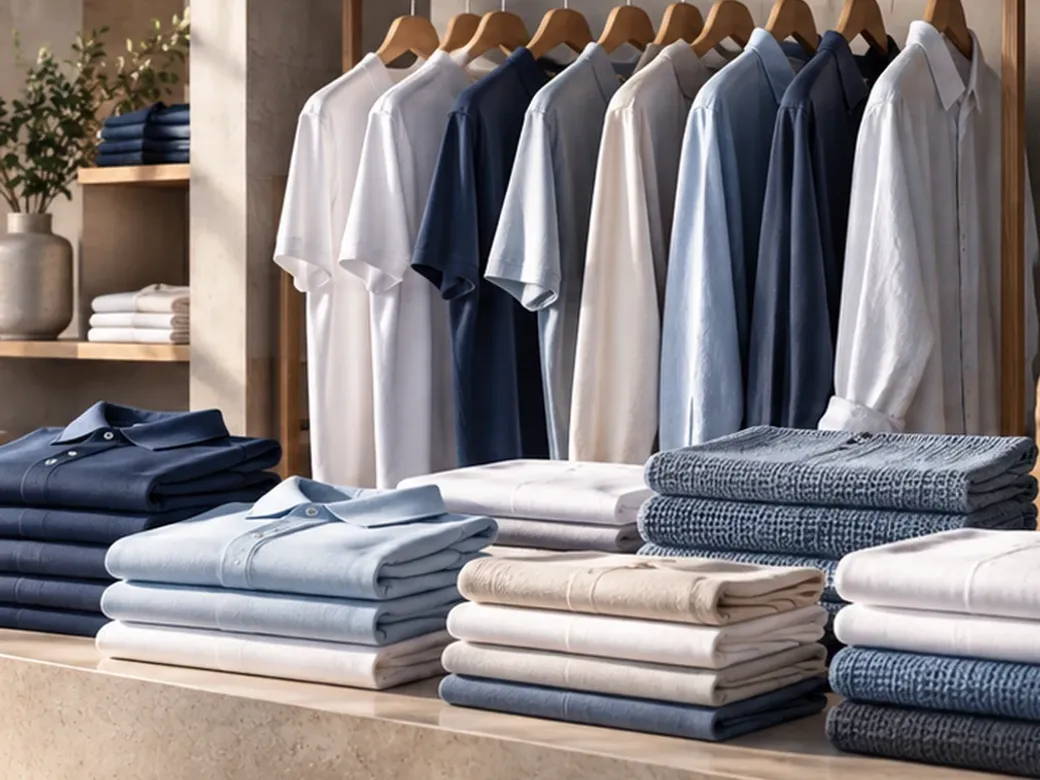 Arranged navy, slate blue, white and cream folded garments below a coordinated hanging apparel collection.