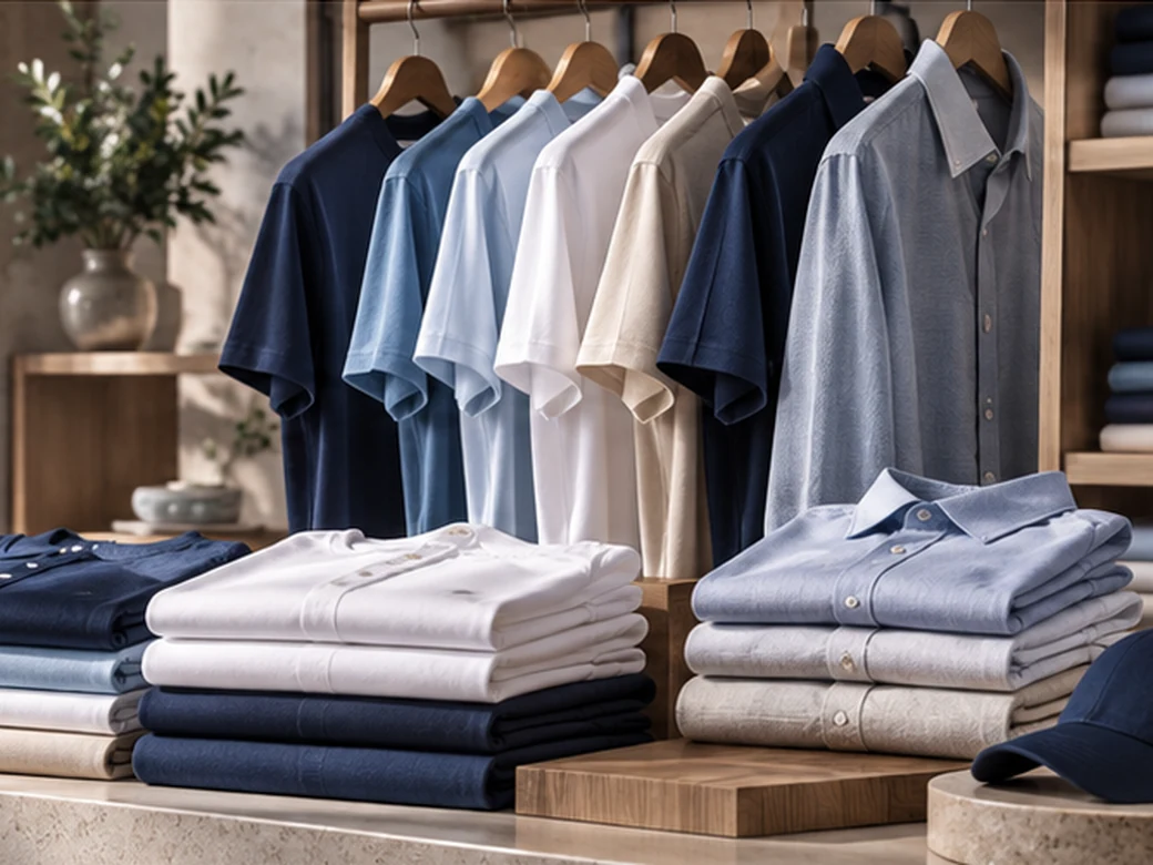 White, pale blue and navy casual shirts displayed on hangers beside neatly folded garments.