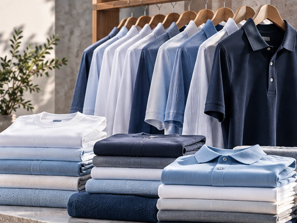 Navy polo shirt hanging with coordinating white and blue shirts over neatly folded garments.