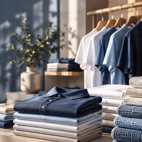 Folded and hanging navy, blue and white apparel in a modern showroom.