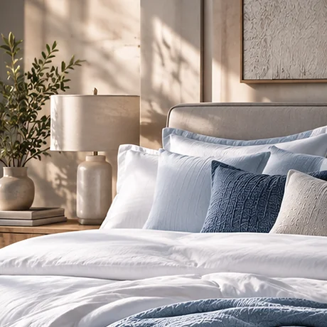 White bedding and blue pillows arranged in a contemporary bedroom.
