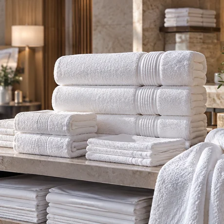 White institutional towels and linen stacked on a hospitality trolley.