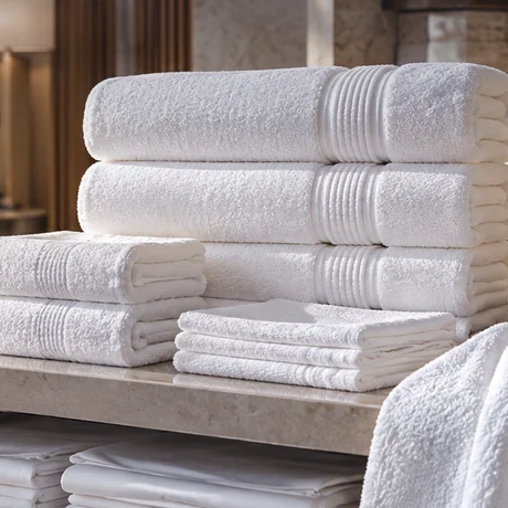 Folded white hotel towels and bed linen in a refined guest-room setting.