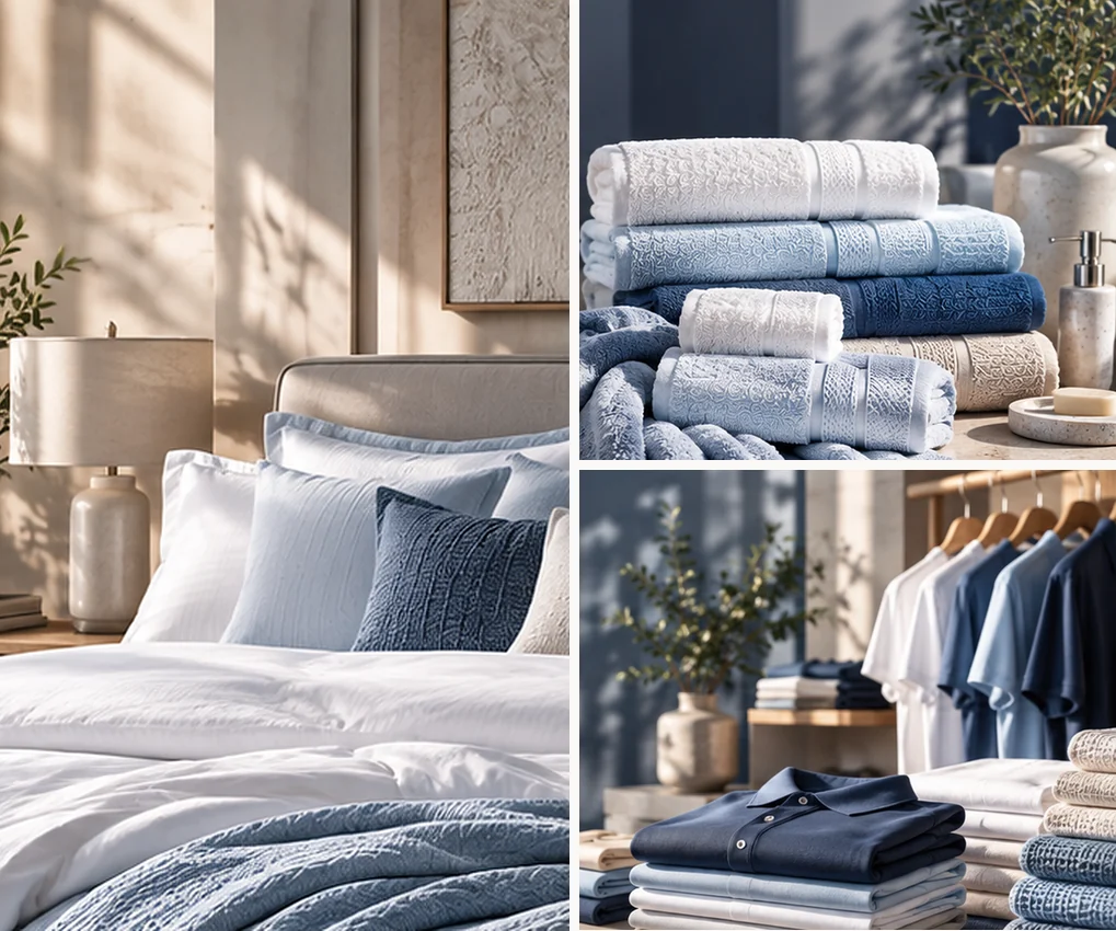 Editorial arrangement of blue-and-white bedding, folded towels and apparel.