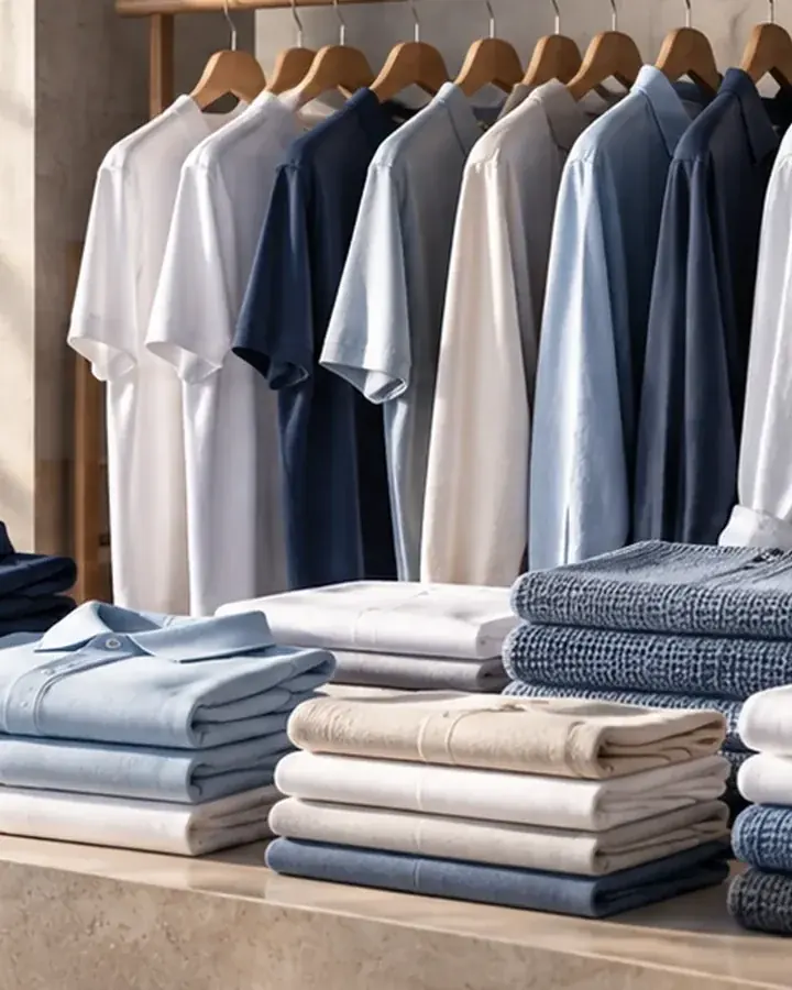 Navy, blue and white shirts on a rail above neatly folded garments.