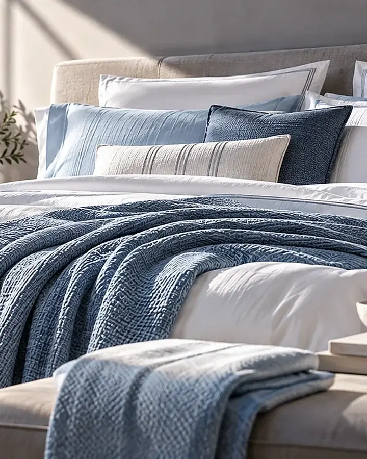 White bed linen with blue and navy cushions and a textured blue throw.