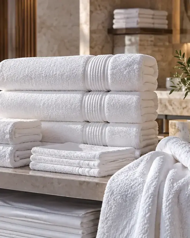 Stacked white hotel towels and folded bed linen on a stone shelf.
