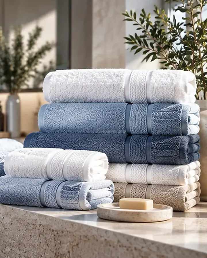 Stacked white, blue and sand cotton towels with a soap dish on a stone counter.