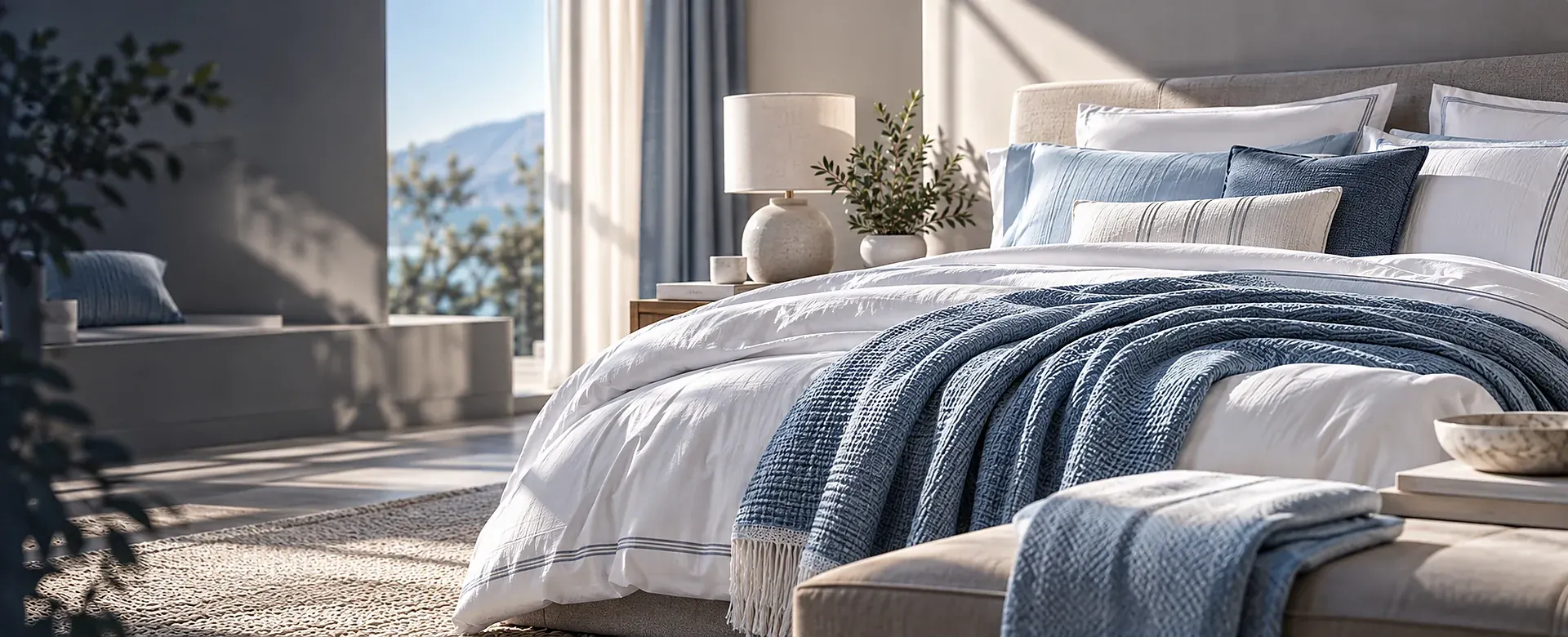 White bedding with layered blue pillows and a textured blue throw in a sunlit contemporary bedroom.