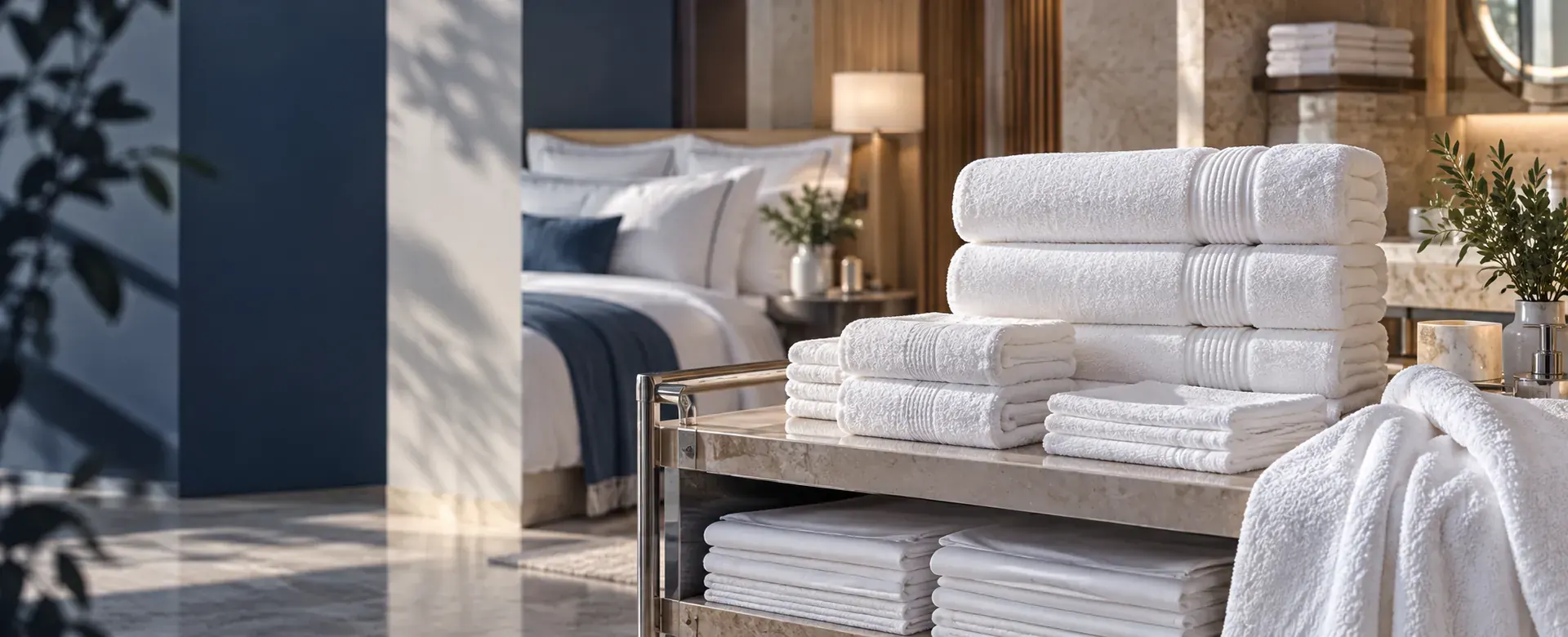 White hotel bath towels and neatly folded bed linen on a hospitality trolley in a modern hotel suite.