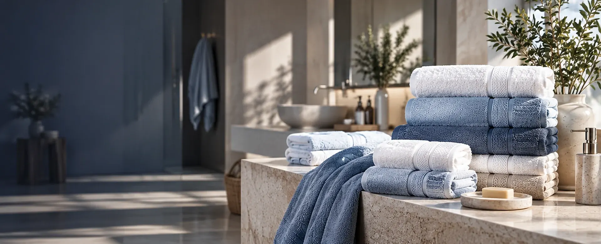 Stacks of white and blue cotton towels displayed in a modern bathroom with natural daylight.