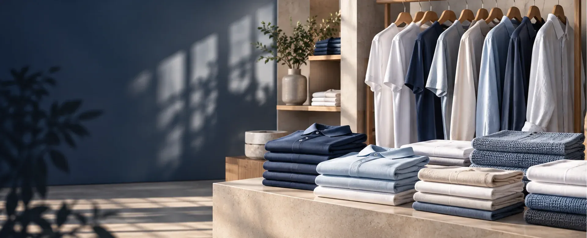 Navy, blue and white shirts hanging above neatly folded apparel in a contemporary showroom.