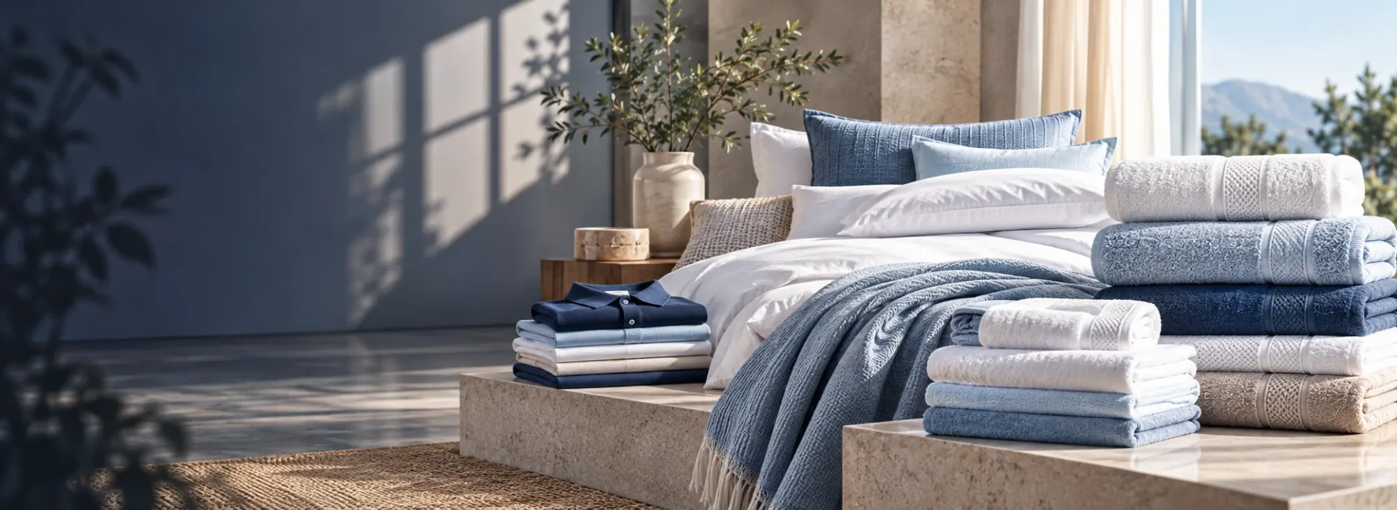 Folded blue and white cotton towels, premium bedding and apparel arranged in a contemporary textile setting.