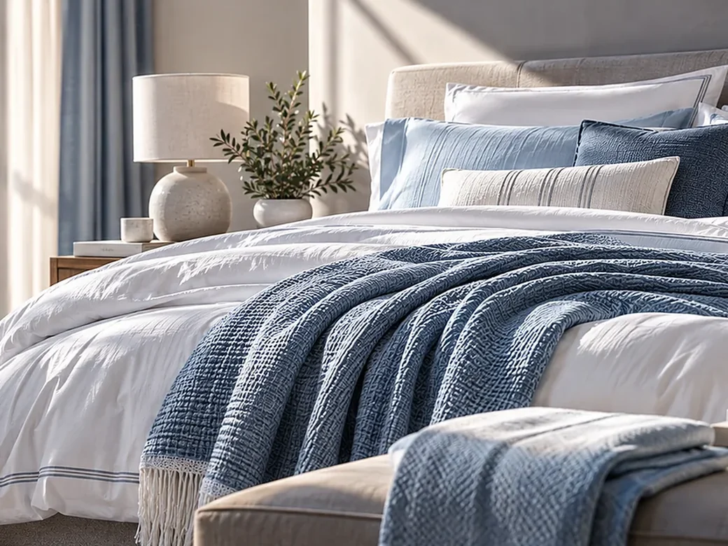 White bed linen with blue textured throw in a softly lit contemporary bedroom.