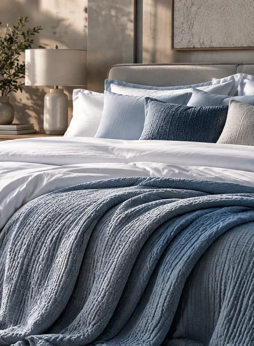 Detailed view of white bedding, layered pillows and a textured blue woven bed throw