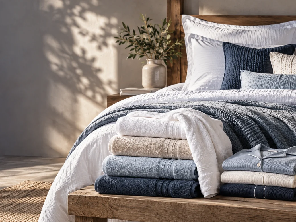 Neatly arranged white and slate blue bedding and folded blankets in a modern room.