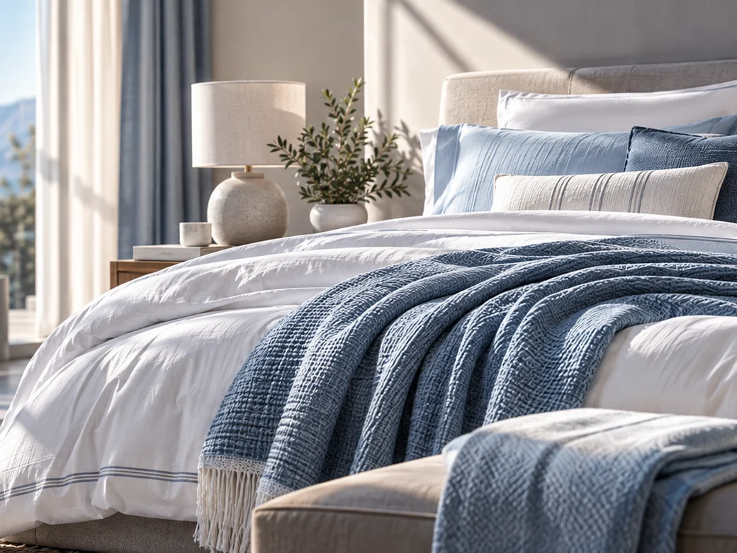 White duvet bedding with a blue woven throw draped naturally over a bed.