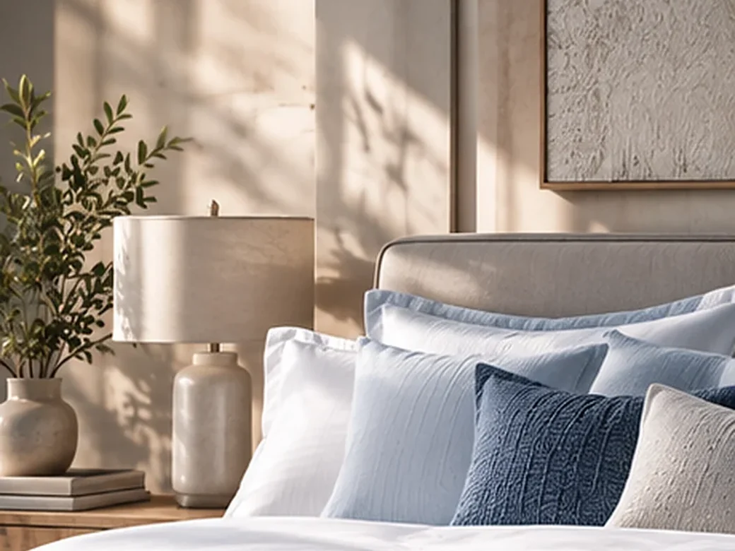 White and blue pillows layered neatly against an upholstered headboard.