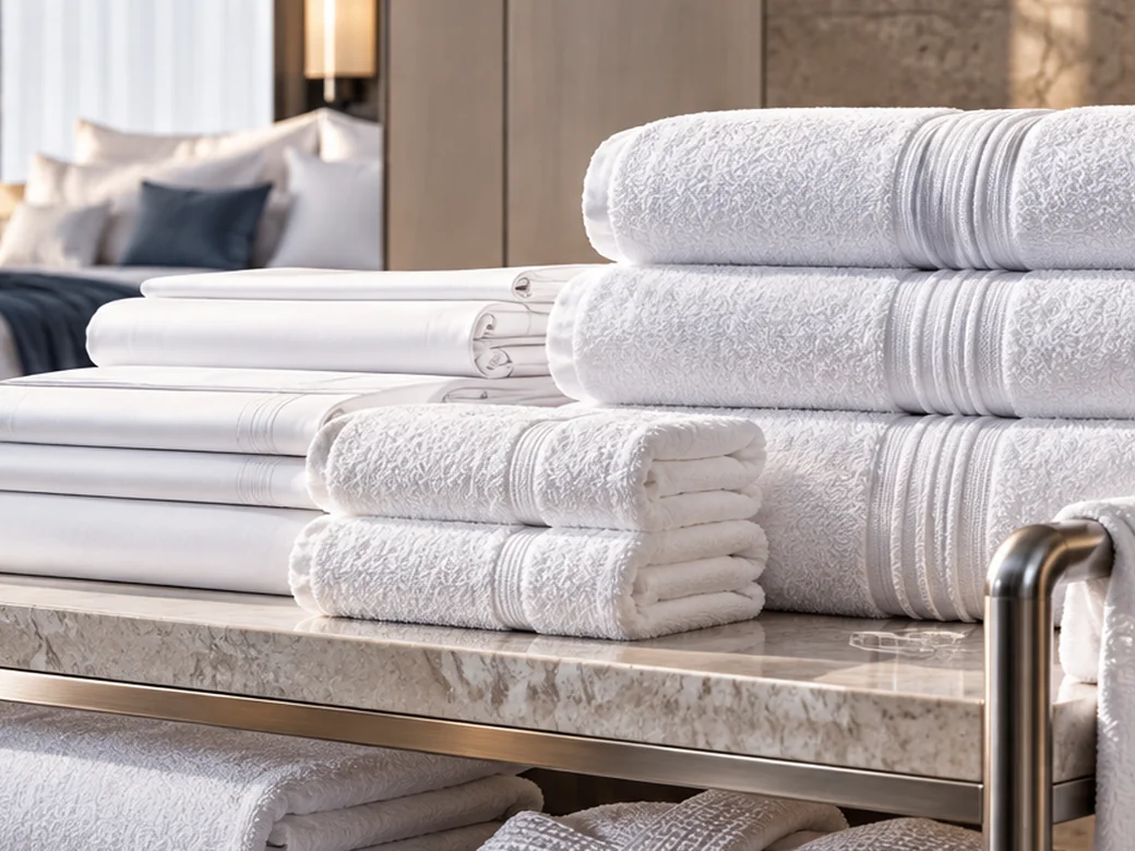 Crisply folded white sheets alongside stacked towels in a contemporary hotel suite.