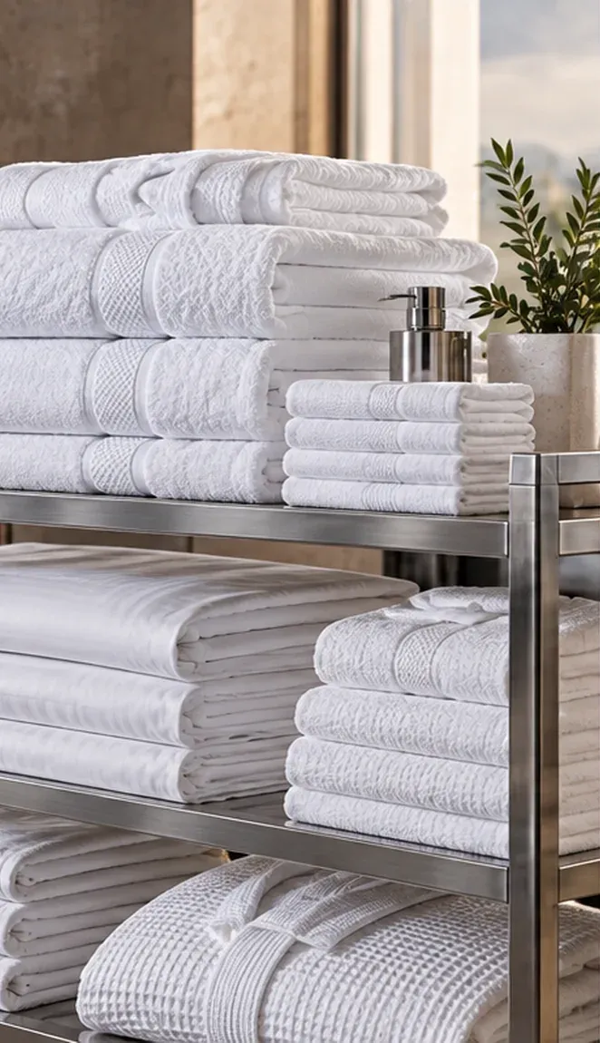 White towels and folded linen arranged on a professional hospitality linen trolley