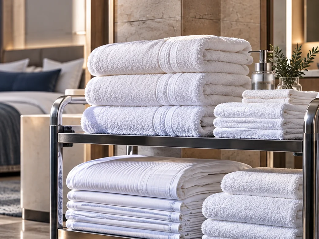 White towels and bed linens neatly arranged on a hospitality linen trolley.