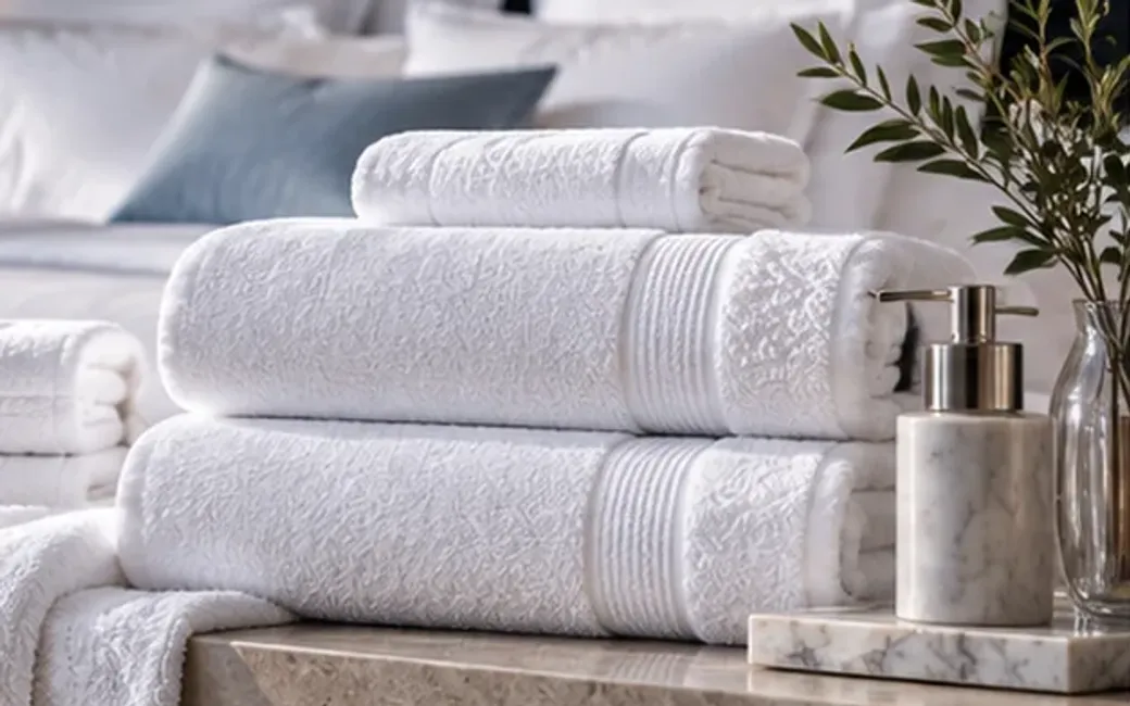 Stacked white towels with soap dispenser and neutral spa-style accessories on a stone counter.