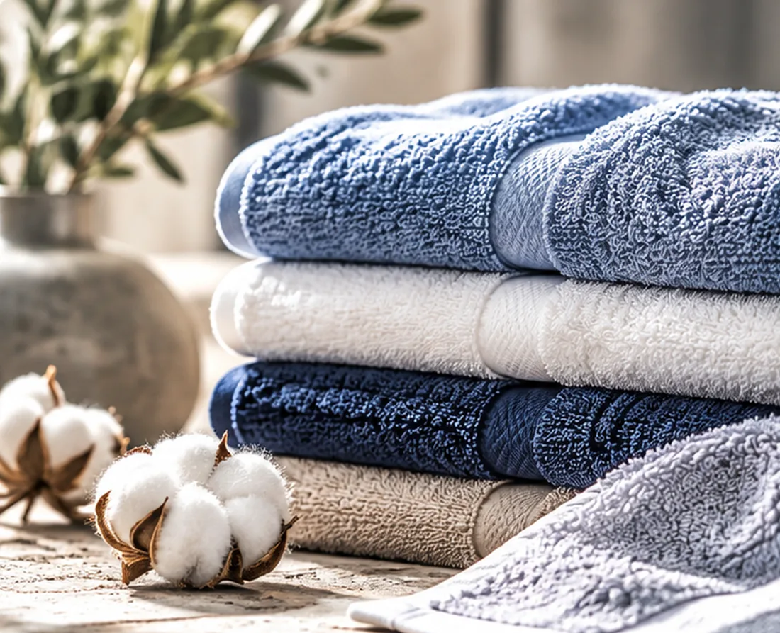 Close-up of folded navy, blue and white terry towels with visible fabric loops and a cotton plant