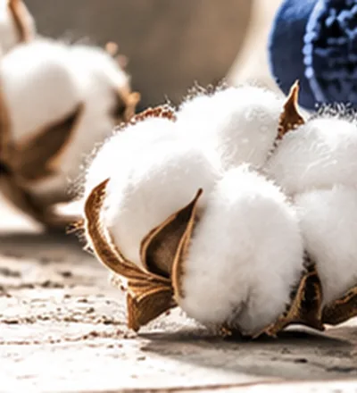 Cotton fibers alongside neutral-toned textile material