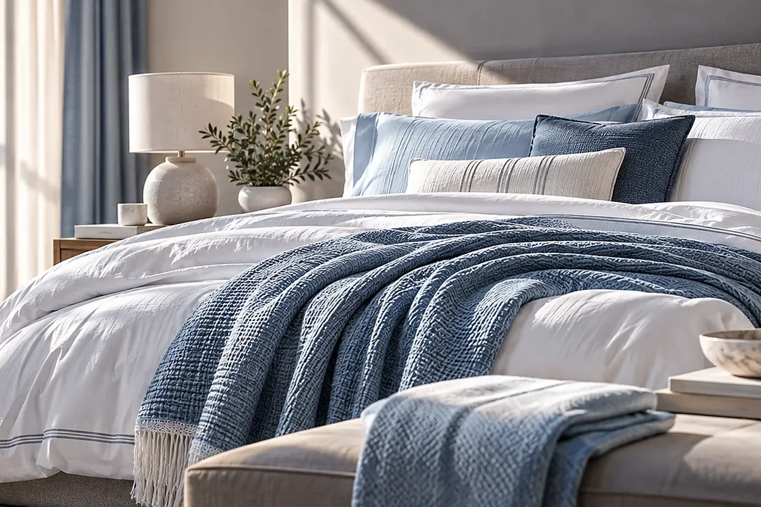 White layered bed linen with blue cushions and textured bedding in a contemporary bedroom.