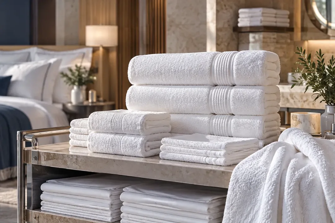 Neatly stacked white hotel towels and folded linen in a refined hospitality interior.