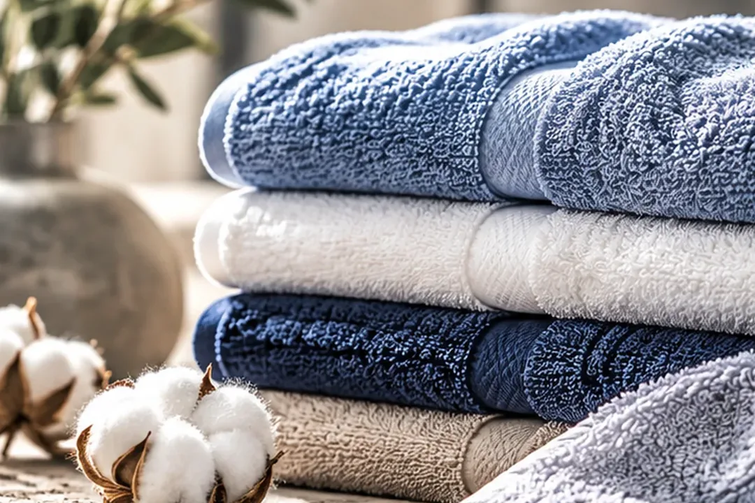 Layered blue, navy and ivory terry towels showing surface texture and folded edges.