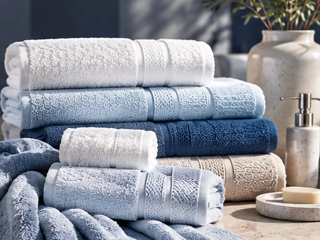Folded white, light blue and navy terry towels with visible woven borders.