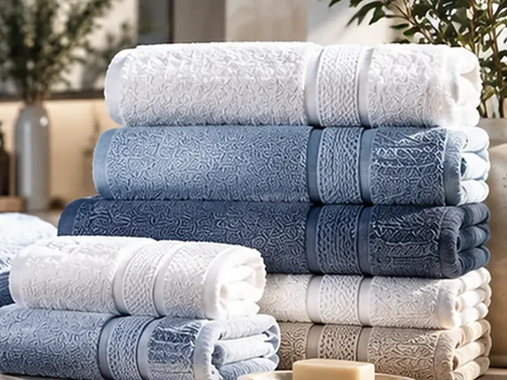 Stack of coordinating white, grey-blue and navy cotton towels.