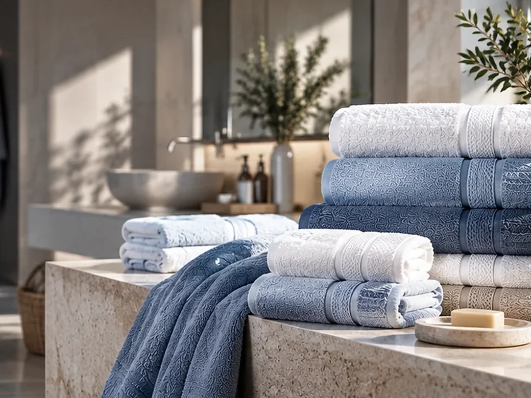 Folded white and blue hand towels displayed on a stone bathroom counter.