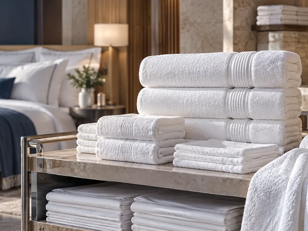 Neatly folded white hotel towels and linen on a hospitality trolley.