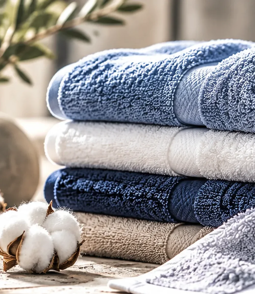 Close-up of blue, white and navy terry towel textures and stitching